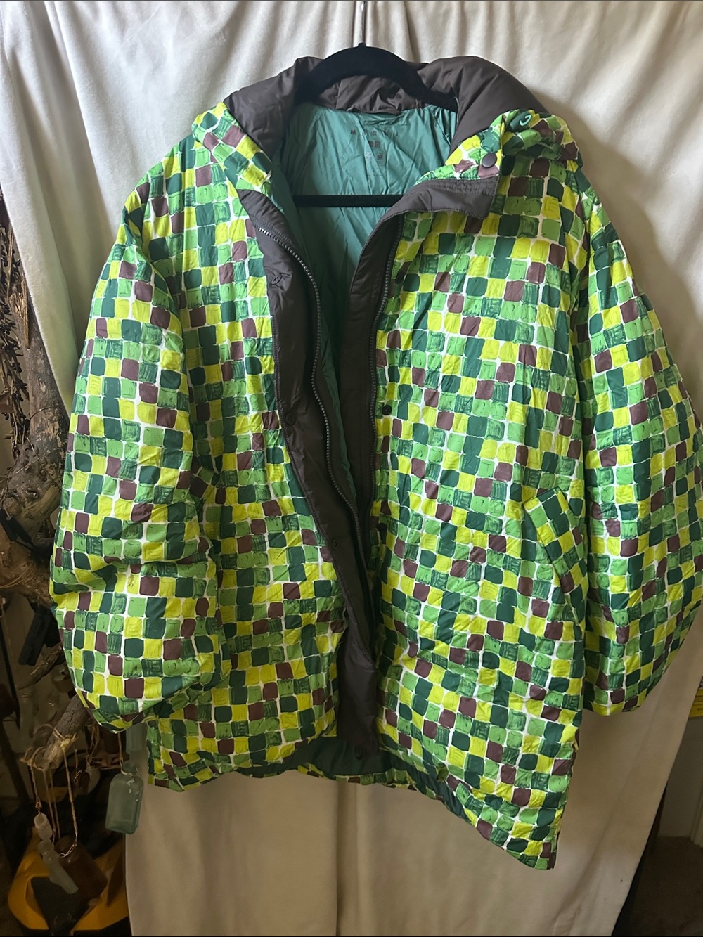 Uniqlo Kids Checkerboard Puffer Jacket in Lime Green & Brown